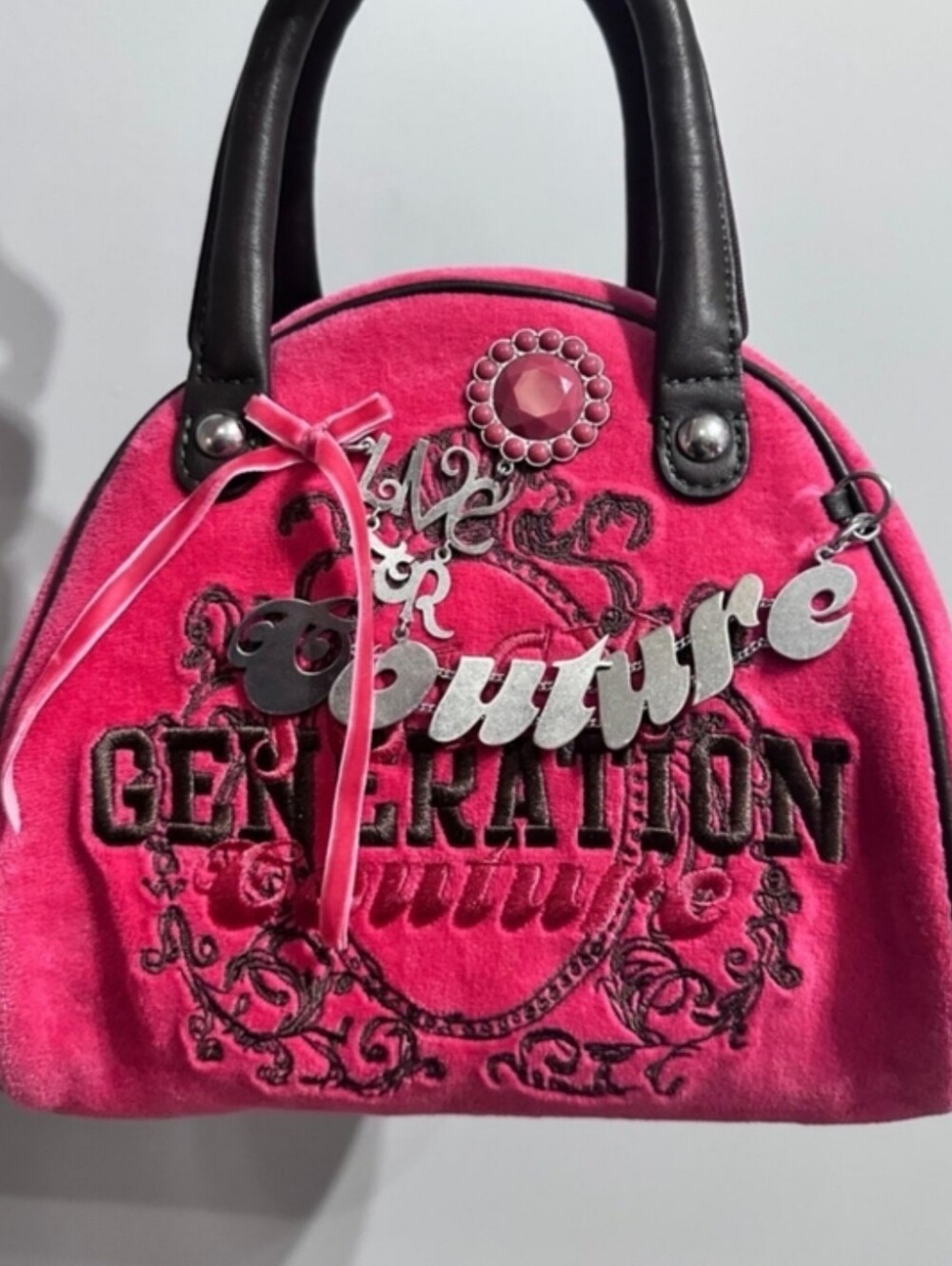 Rare Juicy Couture Y2k 'GENERATION COUTURE' Dollish Pink Small Velour Bowler Bag
